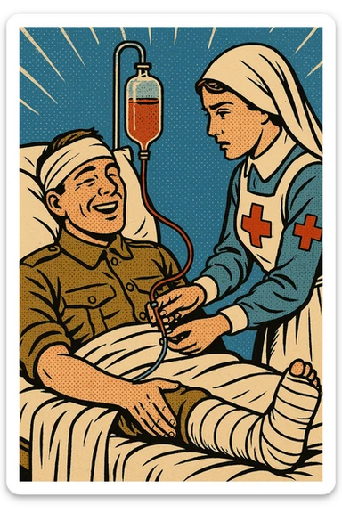 A world war one British soldier in an army hospital bed.  The soldier has a bandage around his head, with a splint on one of his legs.  He is also being given a blood transfusion from an army hospital nurse. sticker