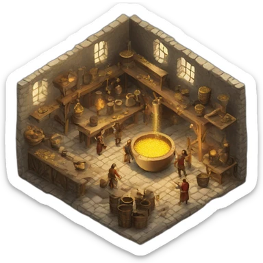open floor plan of a medieval mint showing different people working, one person on the furnace, some people molding liquid gold into coins sticker