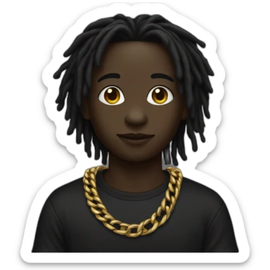 A dark skin boy with dreads black shirt wearing a gold chain sticker