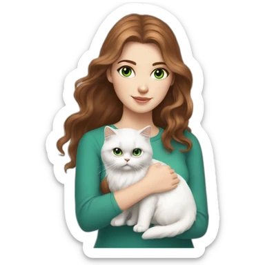 white girl with brown wawy hair and blue eyes, who hold a small white persian cat with green eyes sticker