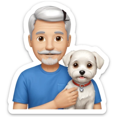 handsome gentleman, 60 years old, very short silver hair, beard, sideburns and moustache, wearing a blue t-shirt, smiling and holding a maltese dog sticker