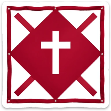 Bandera rectangular con fondo blanco liso. En el centro, una cruz de Borgoña en forma de aspa diagonal, hecha de dos ramas desgajadas con nudos y bordes irregulares. Color rojo oscuro intenso. Estilo plano y heráldico, sin sombras, sin texturas, sin texto ni elementos adicionales. sticker