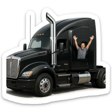 Add a chrome exhaust stack to the black Kenworth W680 sleeper semi truck. Keep the man hanging out the window with arms up. Realistic style with transparent background. sticker