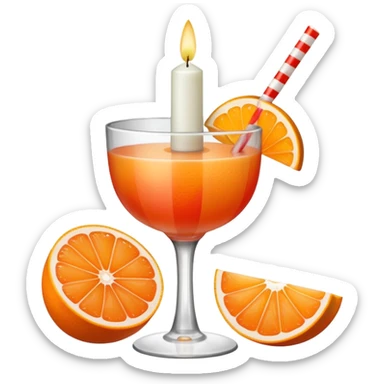 An orange grapefruit, with a horizontal red stripe around the middle. 4 vertical cocktail sticks in the orange with small pieces of candy on the sticks. On top of the orange a small white lit candle. sticker