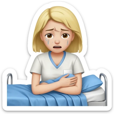 Mulher jovem chorando muito em cima de uma maca de hospital com as roupas rasgadas sticker