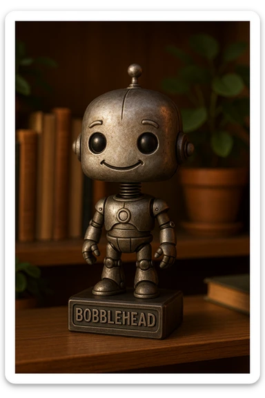 a robot bobblehead, metallic texture, friendly expression, cartoonish style sticker