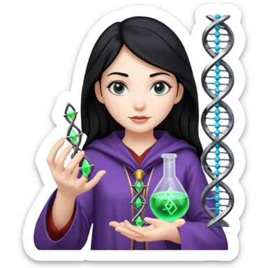 Female wizard with black hair holding a double helix DNA one hand and a methyl group in the other sticker