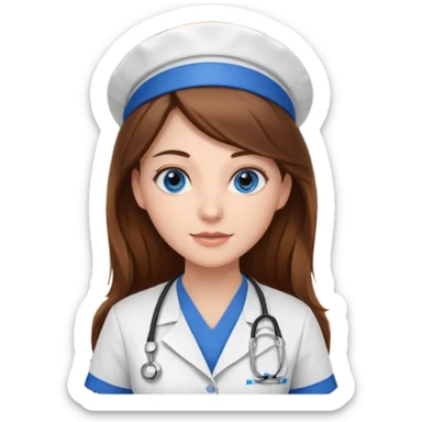 inside a classroom at university that says nursing school on the board with a pretty female nursing student with long brown hair, blue eyes sticker