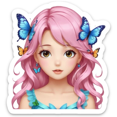gorgeous shiny blushing anime lady with butterflies and beautiful hair fairycore high quality detailed vogue trending aesthetic sticker