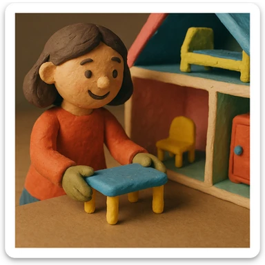 smiling girl arranging furniture in doll house sticker