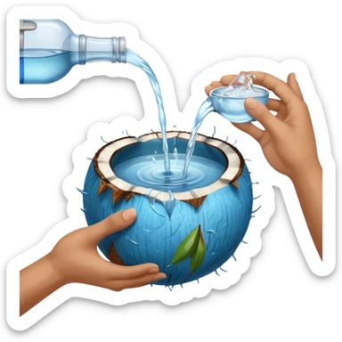 An uncut coconut with water being poured over it with hands cupping water sticker