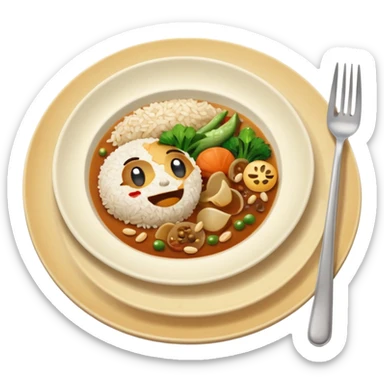  dirty plate after eating, leftover food scraps, vegetable pieces, rice grains, sauce stains on the plate, fork and spoon placed beside the plate, no face, no character, no human features, realistic food leftovers, clean and simple background, soft lighting, high quality, emoji style sticker