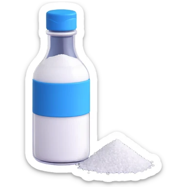 3D style salt bottle, cartoonish, blue cap, transparent body, white salt, playful look sticker