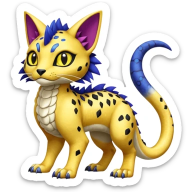 Egyptian furry hyper-realistic colorful with black rosette-splotches, scaley Bastet-Liepard-Noibat-Gatomon-Garchomp-Digimon-Fakémon-Pokémon-creature (full body) sticker