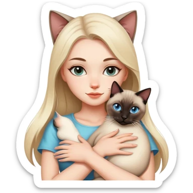 A beautiful and sexy white girl hugs a Siamese cat tightly sticker