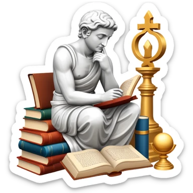 An icon featuring a thinker statue, a scroll, symbolizing philosophy. The design includes books and abstract symbols representing deep thought and wisdom. Transparent background highlights the study of ideas, logic, and existential questions sticker
