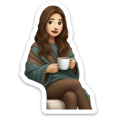 Brunette white girl covered in blanket autumn vibe wearing sweater sitting on a cozy chair holding coffee sticker