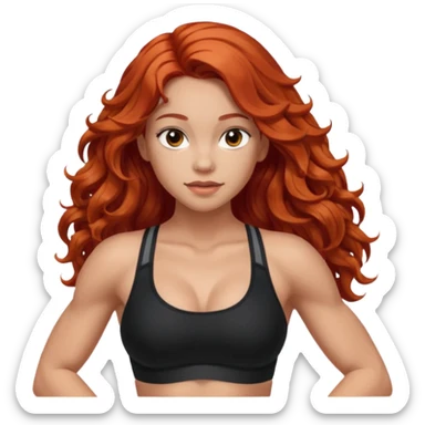 Athletic girl with long light red wavy hair and smaller boobs bigger arms. middle part and black sports bra, long hair sticker