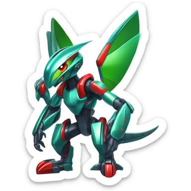 a shiny metallic Genesect-Flygon-Raptor-Fakémon-Medabot-hybrid with a futuristic visor-helmet full body sticker