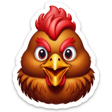 Cinematic Comical Brown Chicken Portrait Emoji, Head tilted dramatically with an exaggeratedly amused expression, featuring a striking, glossy brown plumage with a vibrant red comb, wide, expressive beady eyes filled with playful disbelief, Simplified yet hilariously expressive features, highly detailed, glowing with a slightly sassy glow, high shine, dramatic yet playful, stylized with an air of cheeky mischief, bright and endearing, soft glowing outline, capturing the essence of a spirited and over-the-top chicken, so meme-worthy it feels like it could cluck its way into internet fame instantly! sticker