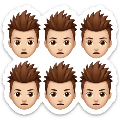 Haz un personaje que tenga cabello marrón con un corte mohicano y que tenga diferentes expresiones  sticker