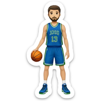 Full Body  white male basketball player with short dark shaggy hair and goatee beard wearing blue and green uniform sticker