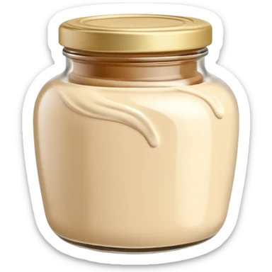 tahini jar, glass or plastic, beige paste, creamy and glossy, neutral lid, blank label optional, swirl or overflow, 3D clean style, transparent background, optimized for emoji size sticker