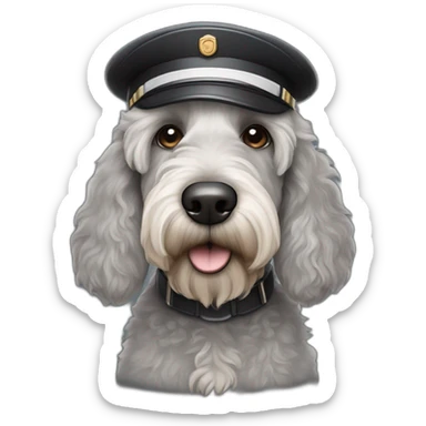 sad grey and black labradoodle dog's face with and long nose and a pilot cap on sticker