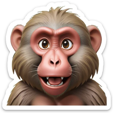 Cinematic Realistic Comical Baboon Portrait Emoji, Head tilted dramatically with an exaggeratedly amused expression, featuring a striking, ruggedly textured face with boldly expressive eyes full of playful disbelief, rendered with vivid, lifelike detail and natural earthy hues, high shine, dramatic yet playful, styled with an air of cheeky jungle mischief, soft glowing outline, capturing the essence of a spirited and over‐the‐top baboon that looks ready to chatter its way into viral fame! sticker