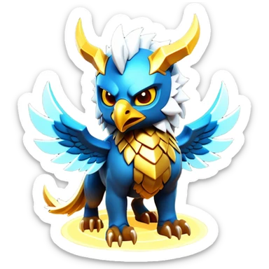 Clash of Clans aesthetic: Cinematic fierce lightning gryphon Beast Emoji, rendered in a 3D vector-style similar to standard emojis with minimal shading and bold, simplified shapes. A compact, isometric mythical creature with wild, majestic features and fierce yet endearing eyes, softly glowing with a primal enchanted charm. Simplified yet unmistakably iconic, highly detailed and consistent, glowing with a soft radiant shine and high polish. Stylized with a touch of mythical wildness and a soft glowing outline, capturing the essence of a legendary beast with a friendly, playful allure! sticker