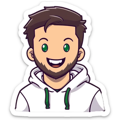 laughing guy with white hoodie, white t-shirt underneath, green eyes, dark brown undercut hairstyle and a short full beard sticker