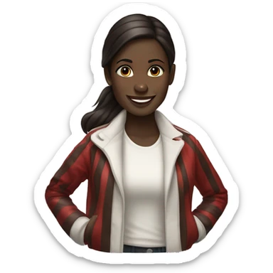 Portrait of an adult girl, dark skin, dark long straight brown hair, dark eyes, smiling, wearing a white jacket with red horizontal stripes. sticker