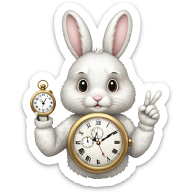 white bunny with a clock on his hand signaling the clock with his finger sticker