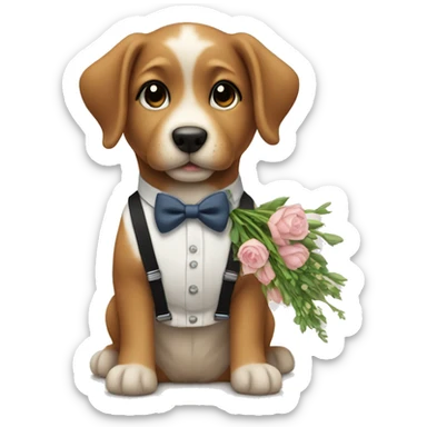 a puppy in suspenders holding a bouquet sticker