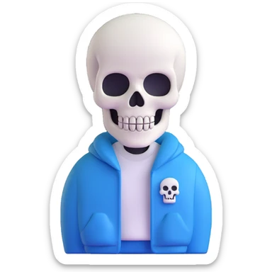 Sans character, white skull, blue jacket, smiling face, popular video game character, simple background sticker