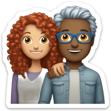 a girl with red curly hair and blue glasses hugging a boy with gray hair sticker