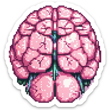 Make this pink melting brain icon more 3D with enhanced depth, shading, and highlights. Keep it fully front facing with pixel art accents. Background transparent. sticker