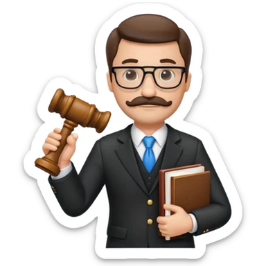 “Create a clean, modern emoji-style illustration of a male lawyer. He is wearing a formal suit jacket. He is holding a judge’s gavel in one hand and has a law book tucked under his arm. He has a mustache and a short beard, and he is wearing glasses. sticker