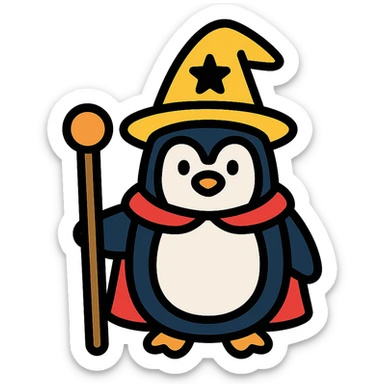 color outline icon of a penguin wizard with a staff sticker