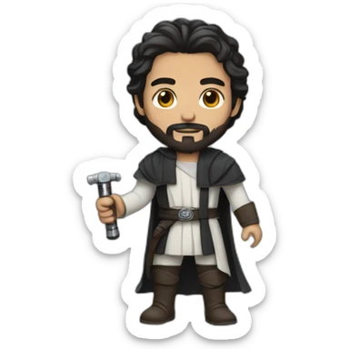 A white Portuguese with black and medium-length hair and a beard holding a lightsaber sticker