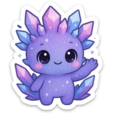 Create a kawaii chibi crystal sprite creature waving, colored purple, blue, and pink. The creature should be cute and sparkly with a small body. Remove the background. sticker