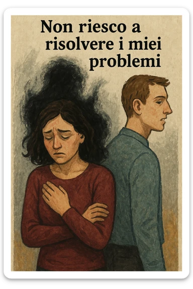 Vertical format: A woman with a silhouette of negative energy on her shoulders, a man next to her who seems unaware, text in Italian: 'Non riesco a risolvere i miei problemi'. sticker