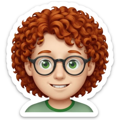 redhead kid with unique face features and very curly hair kid boy happy and big glassess and big nose and very green eyes sticker
