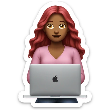 Woman that has Long Dark red hair coding on a pink macbook sticker