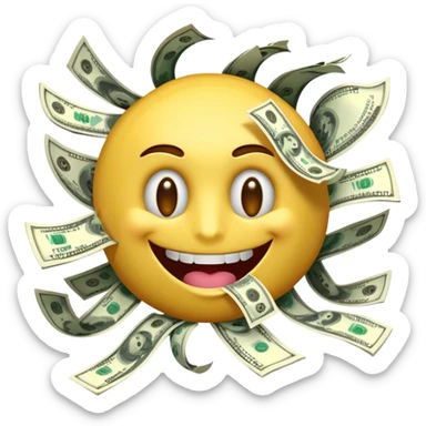 3D glossy emoji sticker, dollar-sign eyes, huge toothy grin, mouth stuffed with US dollar bills spilling out, floating banknotes, centered, solid chroma green background sticker