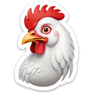 Cinematic Comical White Rooster Portrait Emoji, Head tilted dramatically with an exaggeratedly shocked or amused expression, featuring a striking pure white plumage with a bold red comb, wide, expressive eyes filled with playful disbelief, Simplified yet hilariously expressive features, highly detailed, glowing with a slightly sassy glow, high shine, dramatic yet playful, stylized with an air of cheeky mischief, bright and endearing, soft glowing outline, capturing the essence of a spirited and over-the-top rooster, so meme-worthy it feels like it could crow its way into internet fame instantly! sticker