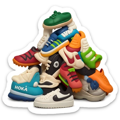 Make the pile of mixed sneakers in a 3D emoji style, using the same polished, semi-realistic texture and finish as the reference Nike Air Force 1 sneaker. Keep the look clean and modern, with a transparent background. The style should emulate the 3D emoji style with polished and semi-realistic textures. sticker