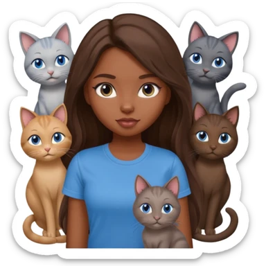 a pretty bratz dusky girl with long brown hair, blue eyes with six cats nd wearing a grey tshirt sticker