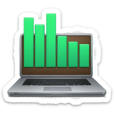 A laptop with a bar chart and an upward trend sticker