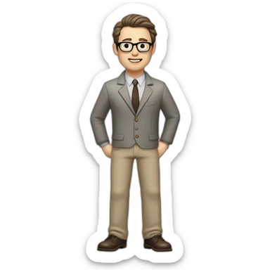 Full height Gesticulating Pale skinned fit man with dark brown hair in gray jacket, beige office shirt, brown tie, brown pants and vintage glasses. sticker